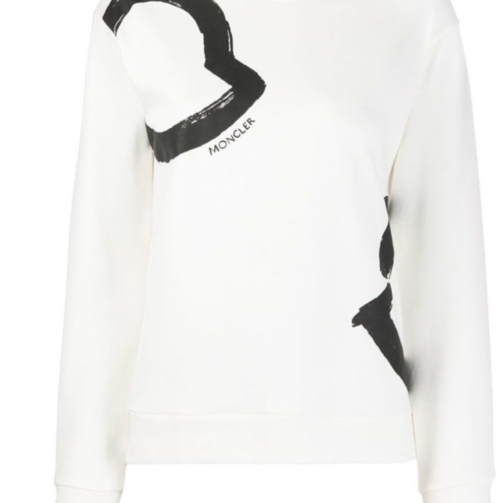 Moncler White Crewneck Sweatshirt with Black Brushstroke Heart